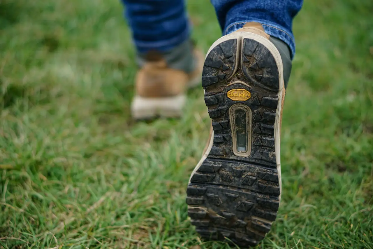 Wandelschoen die een eerste stap zet op een pad